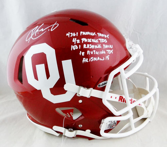 Kyler Murray Autographed Oklahoma F/S Speed Authentic Helmet w/ 5 Stats - Beckett Auth *White
