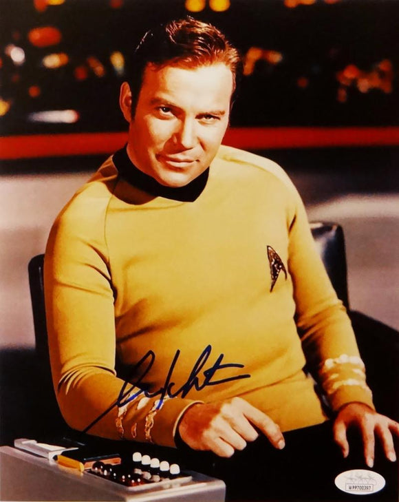 William Shatner Autographed Star Trek 8x10 Command Desk Photo - JSA W Auth *Blue