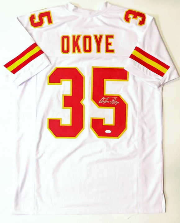 Christian Okoye Autographed White Pro Style Jersey- JSA Witnessed Auth *Silver