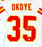 Christian Okoye Autographed White Pro Style Jersey- JSA Witnessed Auth *Silver