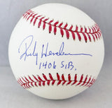 Rickey Henderson Autographed Rawlings OML Baseball w/ 1406 SB - Steiner Auth