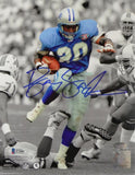 Barry Sanders Autographed Lions 8x10 B&W Color PF Photo- Beckett Auth *Blue