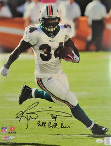 Ricky Williams Autographed Miami Dolphins 16x20 Running White Jersey PF Photo w/ Insc - JSA W Auth *Black