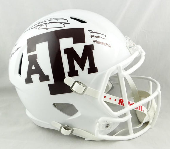 Johnny Manziel Autographed A&M Aggies White Ridell Speed F/S Helmet W/ 2 Insc- Beckett Auth *Split