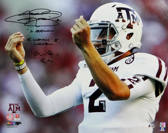 Johnny Manziel Autographed Texas A&M 16x20 Money Sign PF Photo w/3 Insc- Beckett Auth *Black