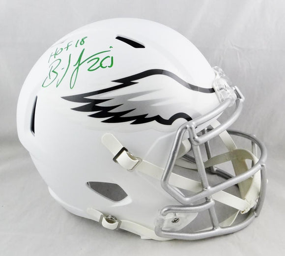 Brian Dawkins Autographed Eagles F/S Flat White Speed Helmet w/HOF - Beckett Auth *Green Image 1