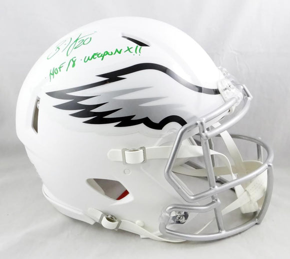 Brian Dawkins Autographed Eagles F/S Flat White Speed Authentic Helmet w/ 2 Insc- Beckett Auth *Green