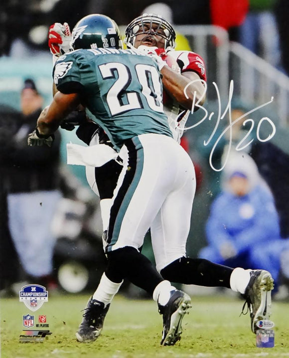 Brian Dawkins Autographed Eagles 16x20 Making Hit PF Photo- Beckett Auth *INK COLOR