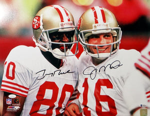 Joe Montana Jerry Rice Autographed 49ers 16x20 Smiling PF Photo- JSA W/Beckett Auth *Black