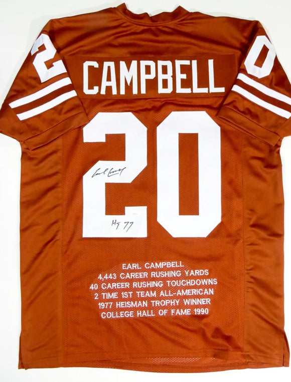 Earl Campbell Autographed Orange College Style Jersey STAT 4 w/ HT - JSA W *Black *2