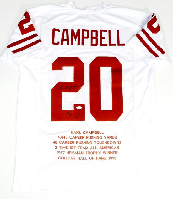 Earl Campbell Autographed White College Style Jersey STAT 4 w/ HT - JSA W Auth *2