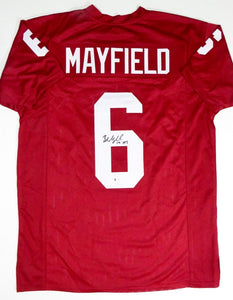 Baker Mayfield Autographed Red College Style Jersey With HT- Beckett W Auth