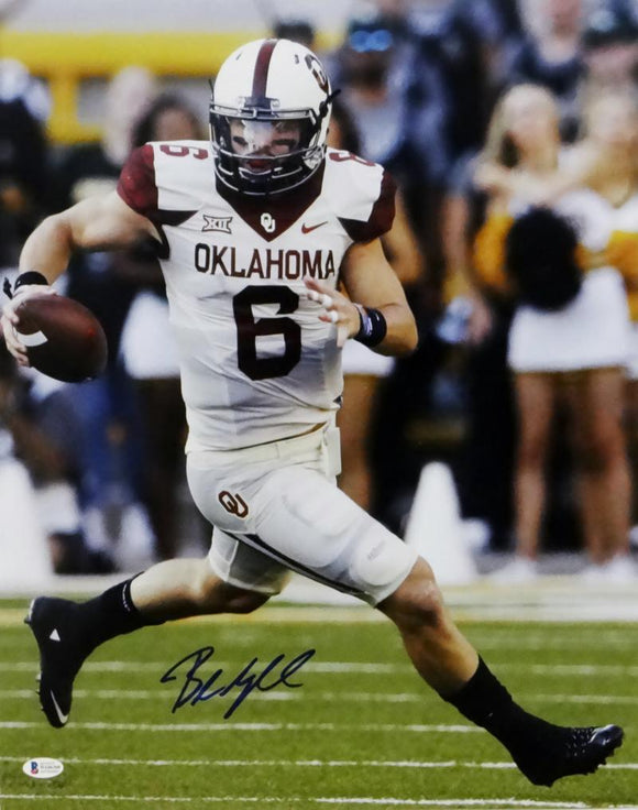 Baker Mayfield Autographed Oklahoma Sooners 16x20 Running w/ Ball Photo- Beckett Auth