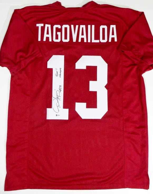 Tua Tagovailoa Signed Red College Style Jersey w/ Natl Champs- Beckett W Auth *1