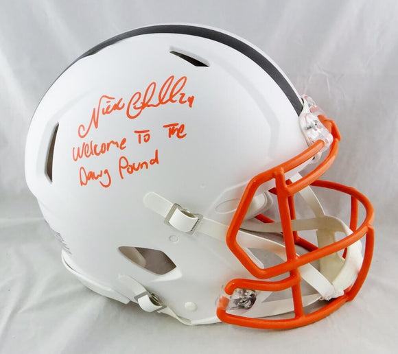 Nick Chubb Autographed Cleveland Browns F/S Flat White Speed Authentic Helmet - Beckett Auth *