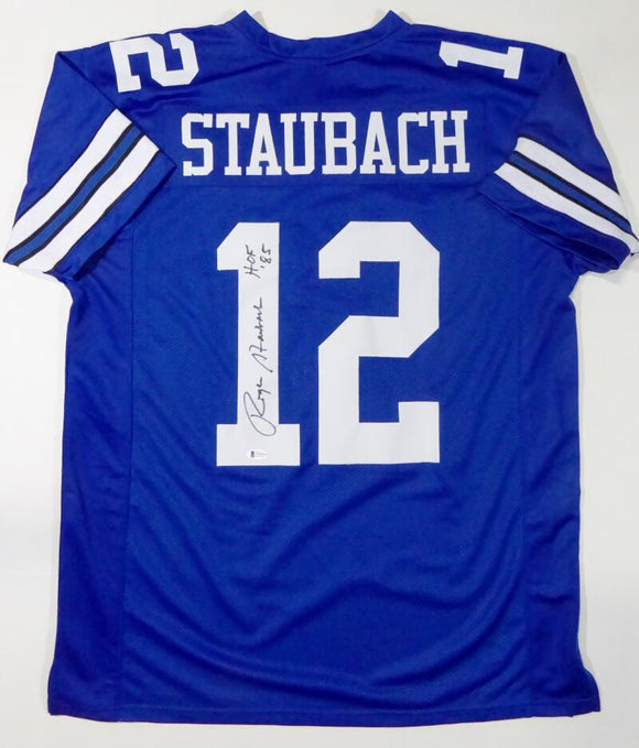 Roger Staubach Autographed Blue Pro Style Jersey w/ HOF - Beckett W Auth *1