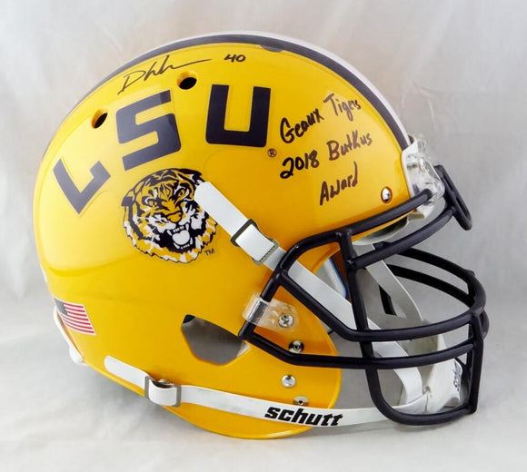 Devin White Autographed LSU Tigers F/S Yellow Schutt Authentic Helmet w/ 2 Insc- Beckett W Auth
