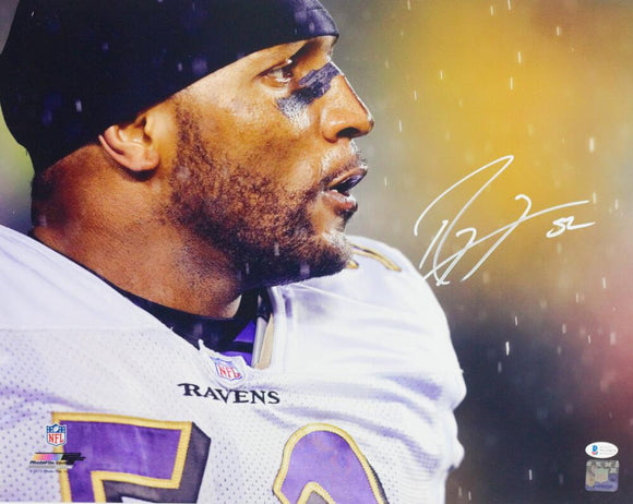 Ray Lewis Autographed Baltimore Ravens 16x20 PF Close Up In Rain Photo - Beckett Auth *Short Sig