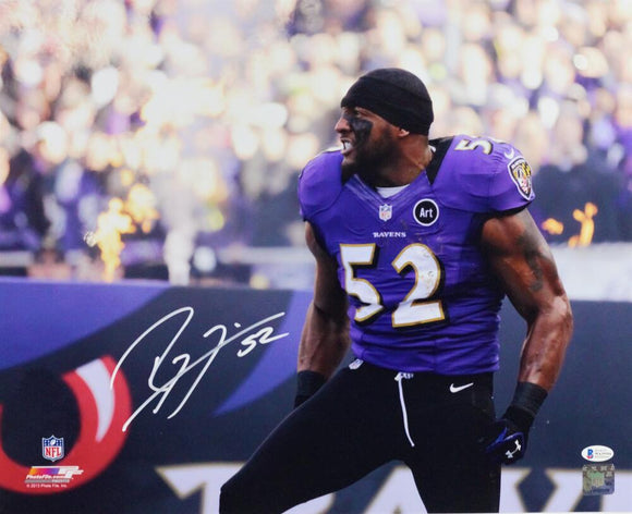 Ray Lewis Autographed Baltimore Ravens 16x20 In Purple Jersey PF Photo - Beckett Auth *White