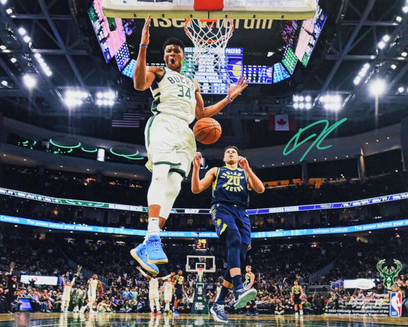 Giannis Antetokounmpo Autographed Bucks 16x20 FP Photo Dunking vs Pacers - JSA W Auth *Green