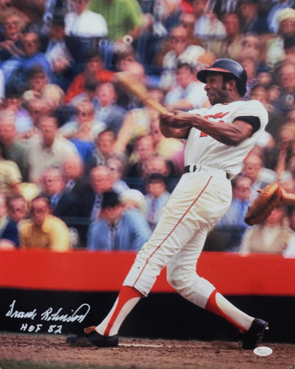 Frank Robinson Autographed Baltimore Orioles 16x20 Mid Swing Photo w/ HOF - JSA W Auth *White