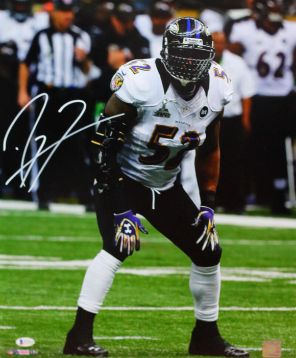 Ray Lewis Autographed Baltimore Ravens 16x20 HM Hands on Knees Photo - Beckett W Auth *White