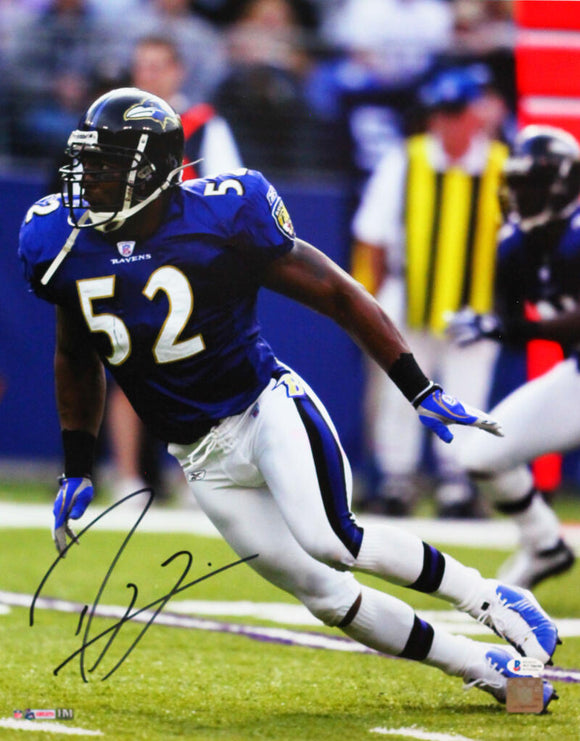 Ray Lewis Autographed Baltimore Ravens 16x20 HM Running Purple Jersey Photo - Beckett W Auth *Black