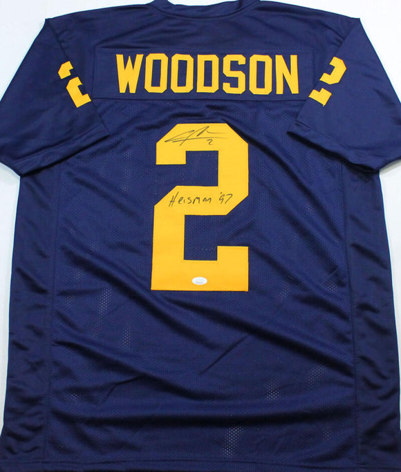 Charles Woodson Autographed Blue College Style Jersey w/ Insc - JSA W Auth *2