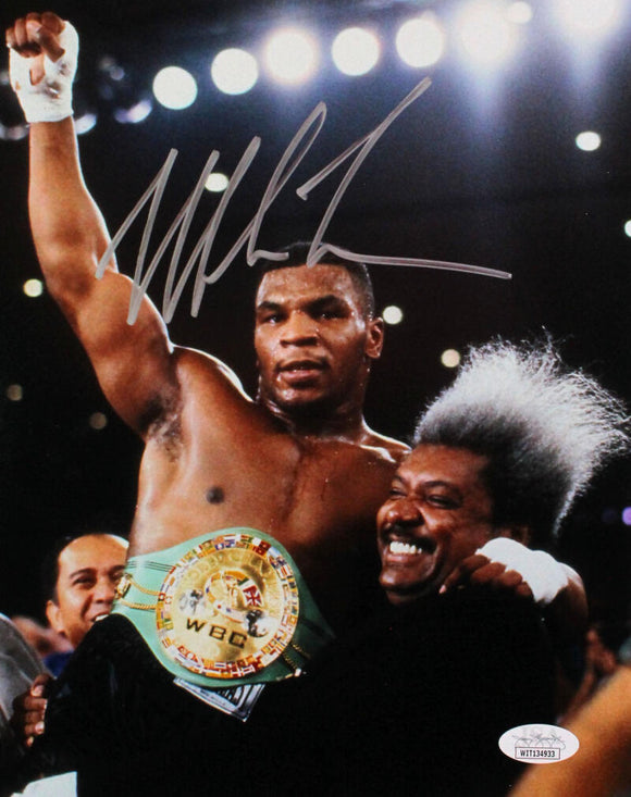 Mike Tyson Autographed 8x10 With Belt Photo - JSA W Auth *Silver
