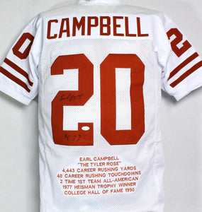 Earl Campbell Autographed White College STAT 3 Jersey W/ HT- JSA W Auth *2