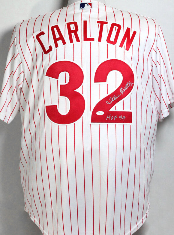 Steve Carlton Autographed Phillies Pinstripe Majestic Jersey w/ HOF - JSA W  Auth *2