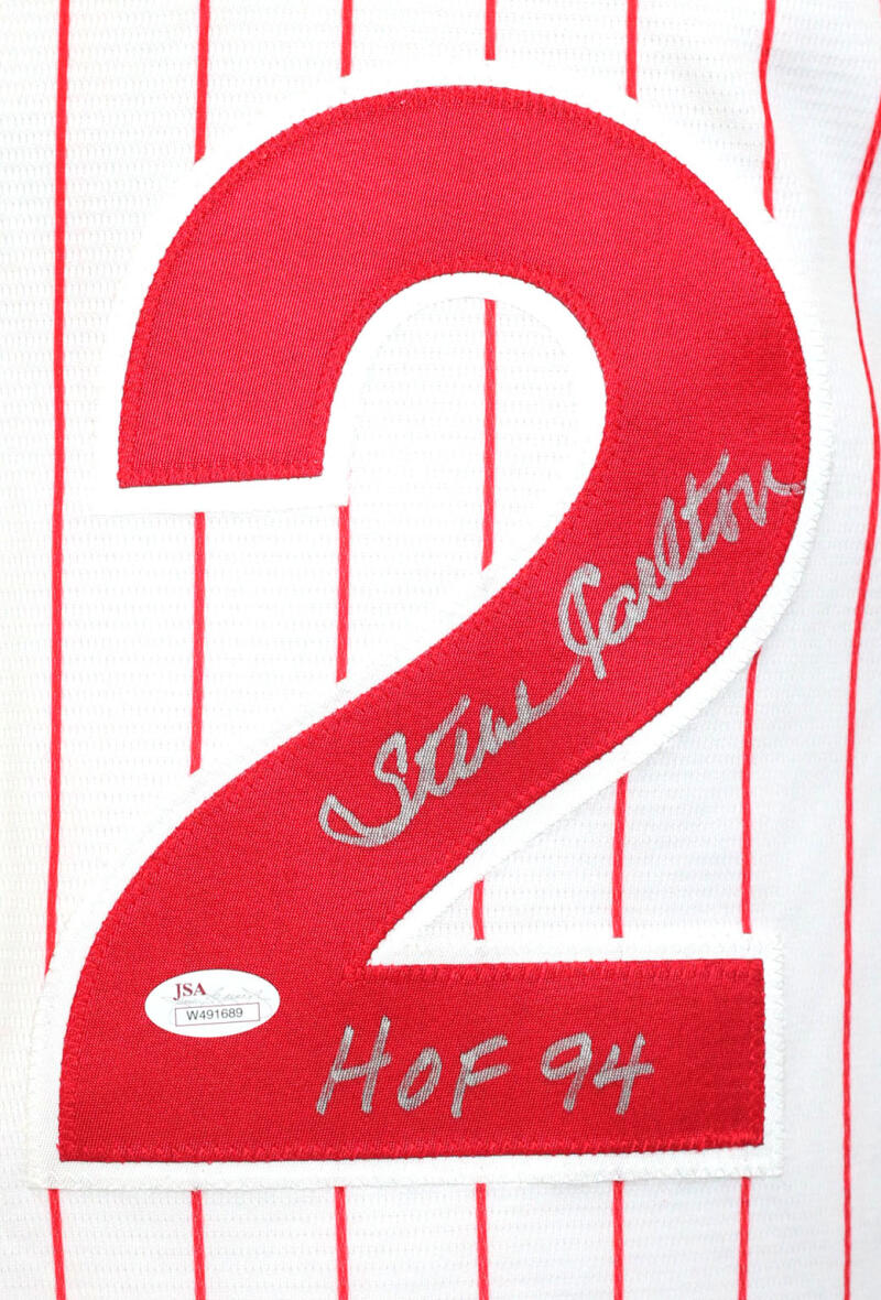 Steve Carlton Autographed Phillies Pinstripe Majestic Jersey w/ HOF - JSA W  Auth *2