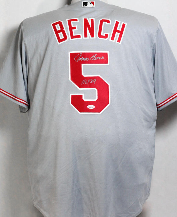 Johnny Bench Autographed Cincinnati Reds Grey Majestic Jersey w/HOF - – The  Jersey Source