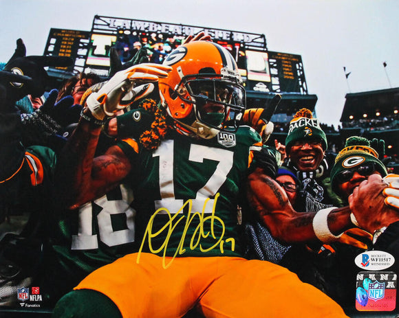 Davante Adams Autographed Green Bay Packers 8x10 FP Lambeu Leap Photo -Beckett W *Yellow