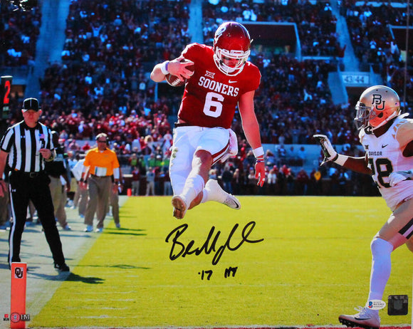 Baker Mayfield Autographed Oklahoma Sooners 16x20 HM In Air Photo w/ 17 HT - Beckett W Auth *Black