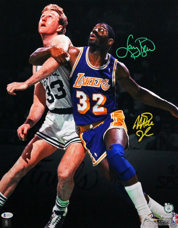 Larry Bird / Magic Johnson Autographed 16x20 FP Boxing Out Photo - Beckett W Auth