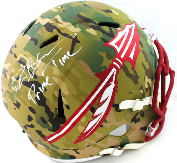 Deion Sanders Autographed Florida State F/S Camo Helmet w/ Primetime- Beckett W *White Image 1