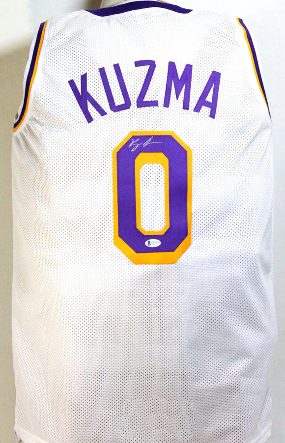 Kyle Kuzma Autographed White w/ Purple Pro Style Basketball Jersey- Beckett Witness *Silver
