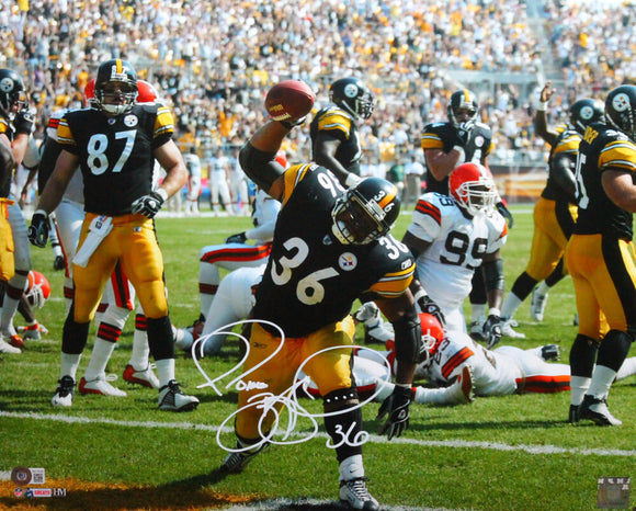 Jerome Bettis Autographed Pittsburgh Steelers 16x20 FP Photo Running Over  Urlacher- Beckett W *Black