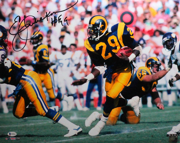Eric Dickerson Autographed Rams Running w/ Ball HM Photo w HOF- Beckett W *Black