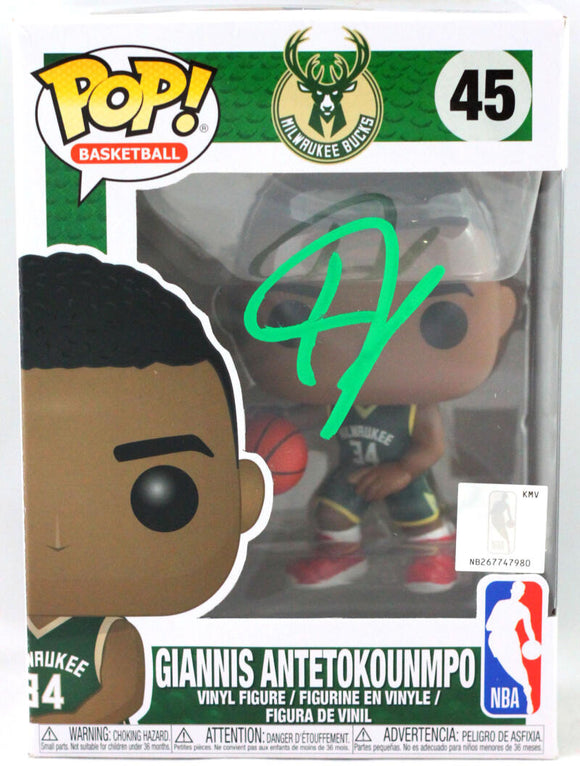 Giannis Antetokounmpo Signed Milwaukee Bucks Funko Pop Figurine #45-Beckett W *Green