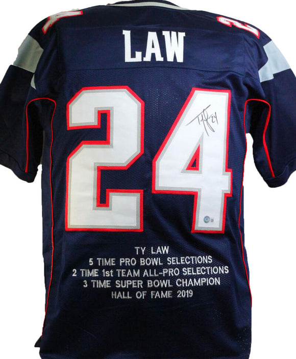 Ty Law Autographed Blue Pro Style STAT Jersey- Beckett W *Black