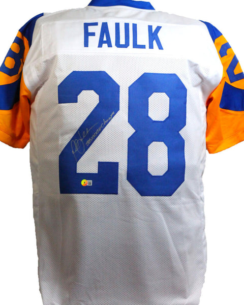 The Jersey Source Marshall Faulk Autographed White/Blue Pro Style Jersey w/SB- Beckett W*Silver *2