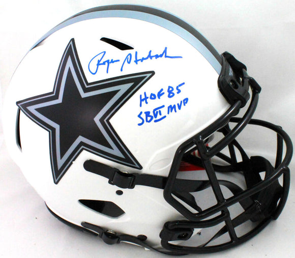 Roger Staubach Autographed Cowboys Lunar Speed Authentic F/S Helmet w 2 Insc- Beckett W Hologram *Blue Image 1