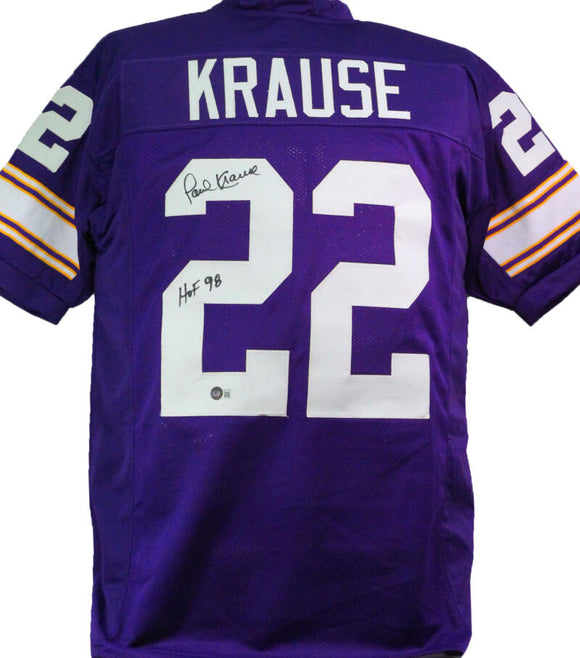 Paul Krause Autographed Purple Pro Style Jersey w/ HOF- Beckett W *Black