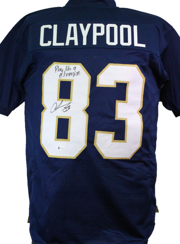 Chase Claypool Autographed Navy College Style Jersey w/ PLACT- Beckett W *Black