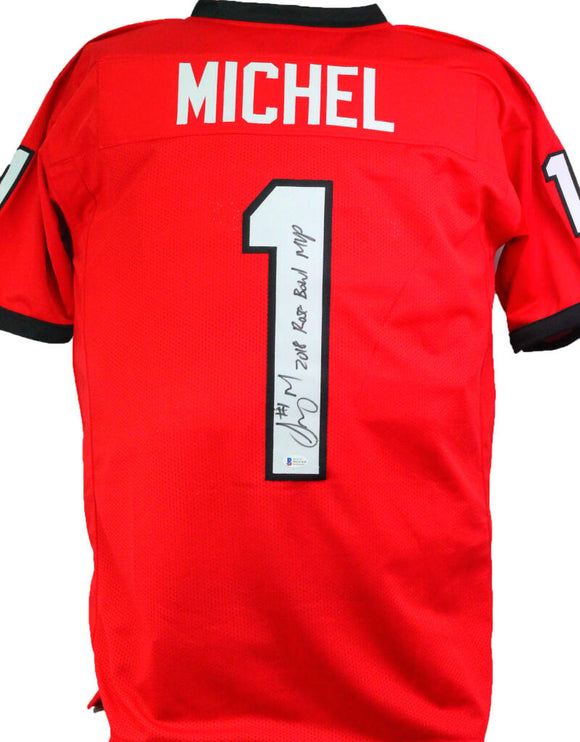 Sony Michel Autographed Red College Style Jersey w/ 2018 RB MVP- Beckett W*Black