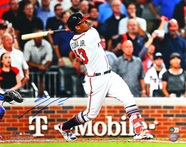 Ronald Acuna Autographed Atlanta Braves Batting w/ Long Hair 16x20 Photo-  Beckett W *Blue