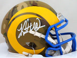 Kurt Warner Autographed St. Louis Rams Camo Speed Mini Helmet- Beckett W *White