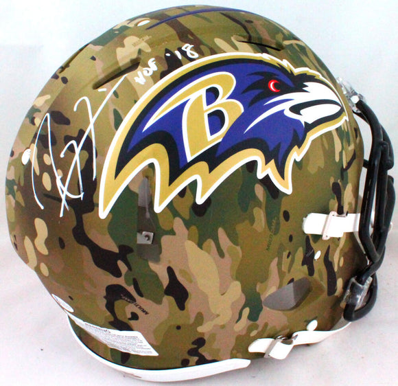 Ray Lewis Autographed Baltimore Ravens Full Size Camo Authentic Helmet w/HOF- Beckett W *White